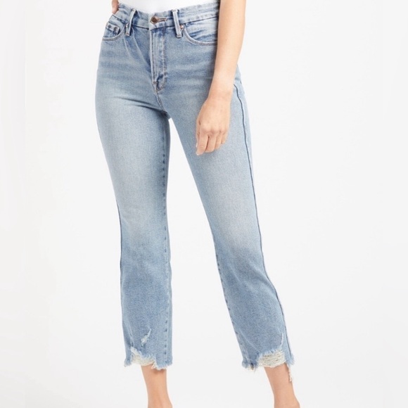 Good American Denim - Good American Good Curve Straight Fray Hem Jeans Size 16 Medium Blue High Rise